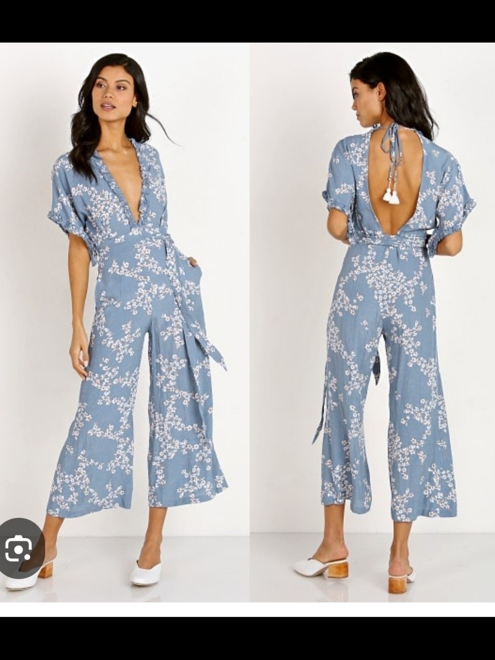 Faithfull the Brand Blue Floral Tie-Back Wide-Leg Jumpsuit